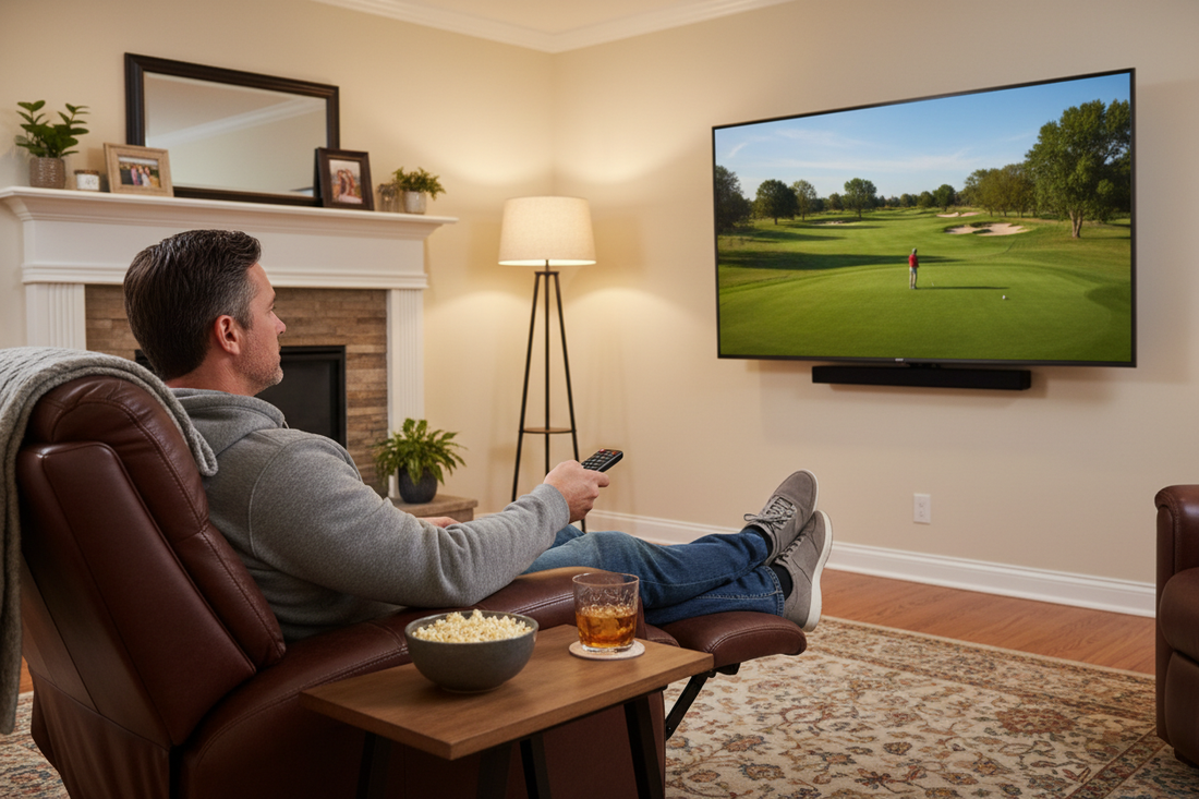 Man sitting in an recliner, watching golf on TV with a bowl of popcorn and a mixed drink next to him.