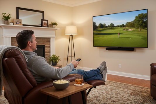 Man sitting in an recliner, watching golf on TV with a bowl of popcorn and a mixed drink next to him.